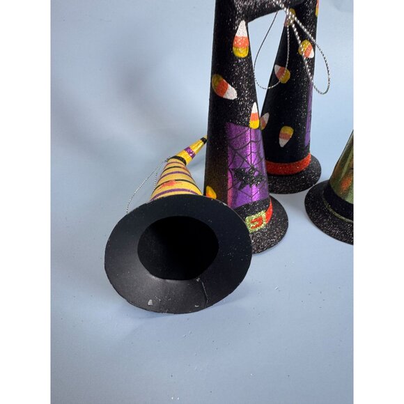 4 Witches Hat Halloween Metal Ornaments 6" With Glitter & Festive Designs - Picture 6 of 7